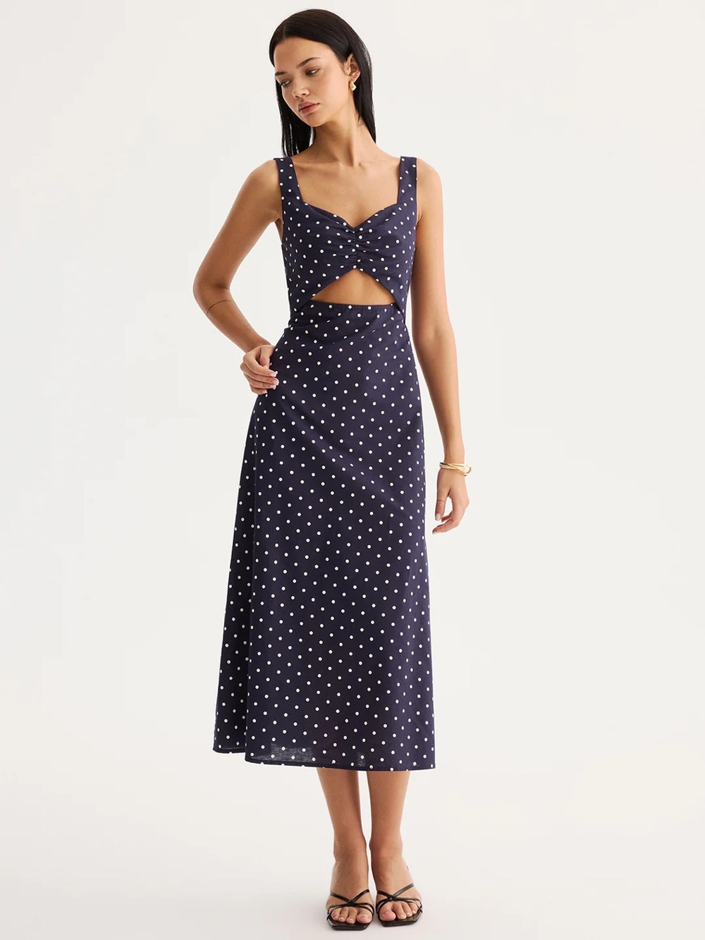 COMMENSE Polka Dot Cutout Cotton Linen Maxi Dress - size Small